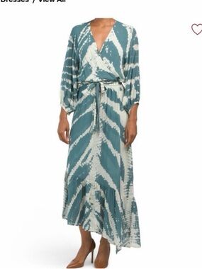 YFB Jillian wrap dress blue and green faux wrap silk like material
